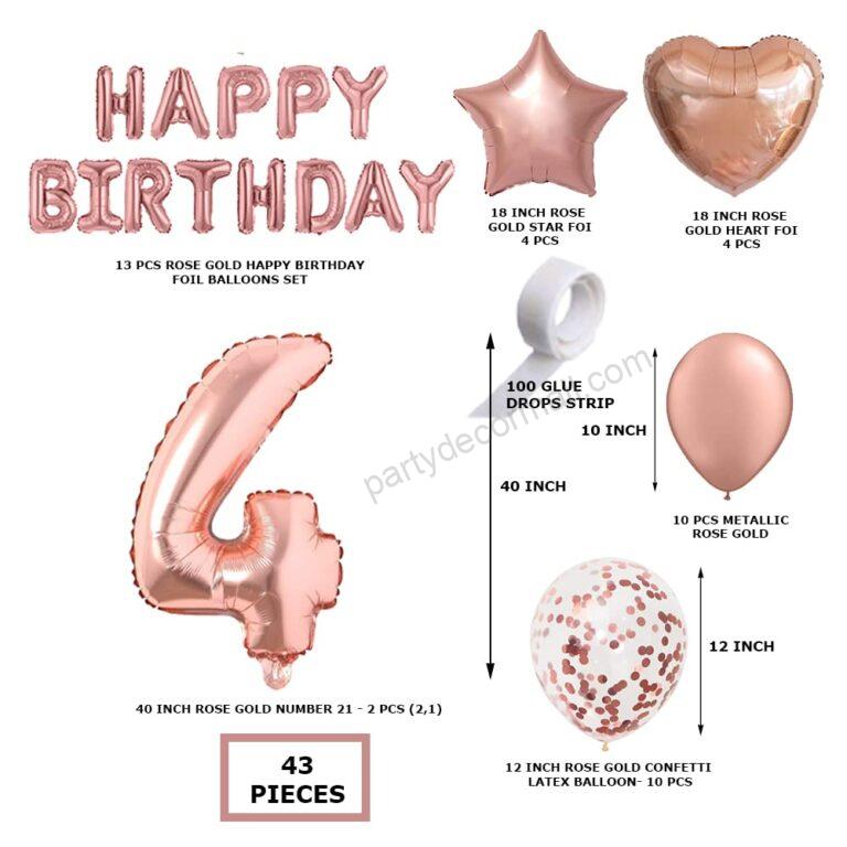 Rosegold Birthday Decor Metallic Balloon, Confetti, Star Foil Balloon, Heart Foil Balloon, Foil Happy Birthday & foil Number (4)