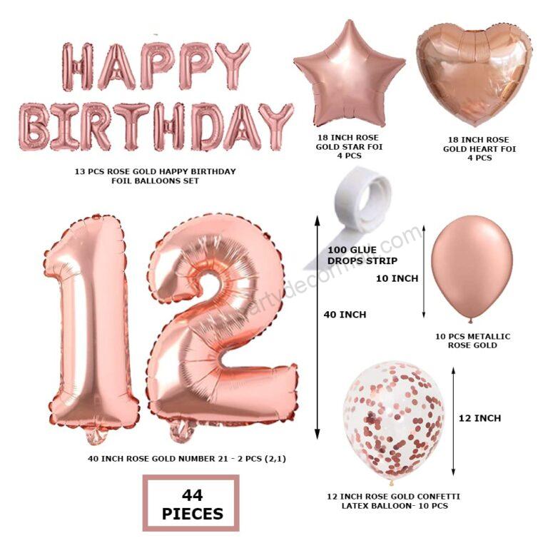 Rosegold Birthday Decor Metallic Balloon, Confetti, Star Foil Balloon, Heart Foil Balloon, Foil Happy Birthday & foil Number (12)