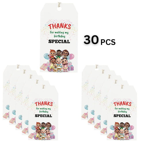 Load image into Gallery viewer, Cocomelon Theme Birthday Favour Tags (2 x 3.5 inches/250 GSM Cardstock/Mixcolour/30Pcs)
