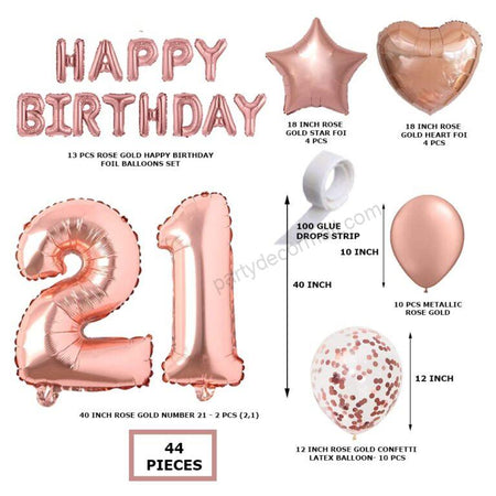 Rosegold Birthday Decor Metallic Balloon, Confetti, Star Foil Balloon, Heart Foil Balloon, Foil Happy Birthday & foil Number (21)