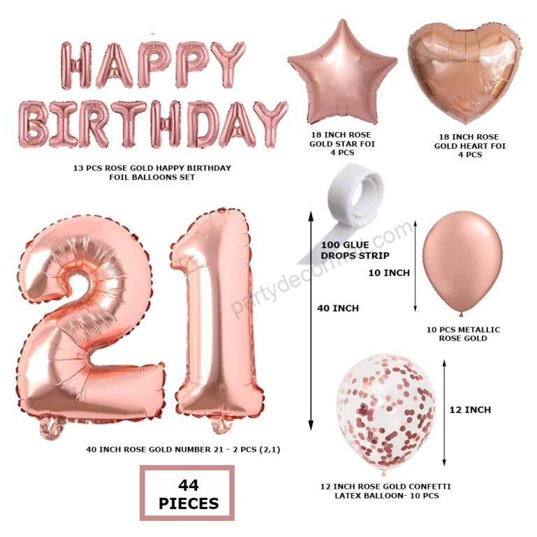 Rosegold Birthday Decor Metallic Balloon, Confetti, Star Foil Balloon, Heart Foil Balloon, Foil Happy Birthday & foil Number (21)