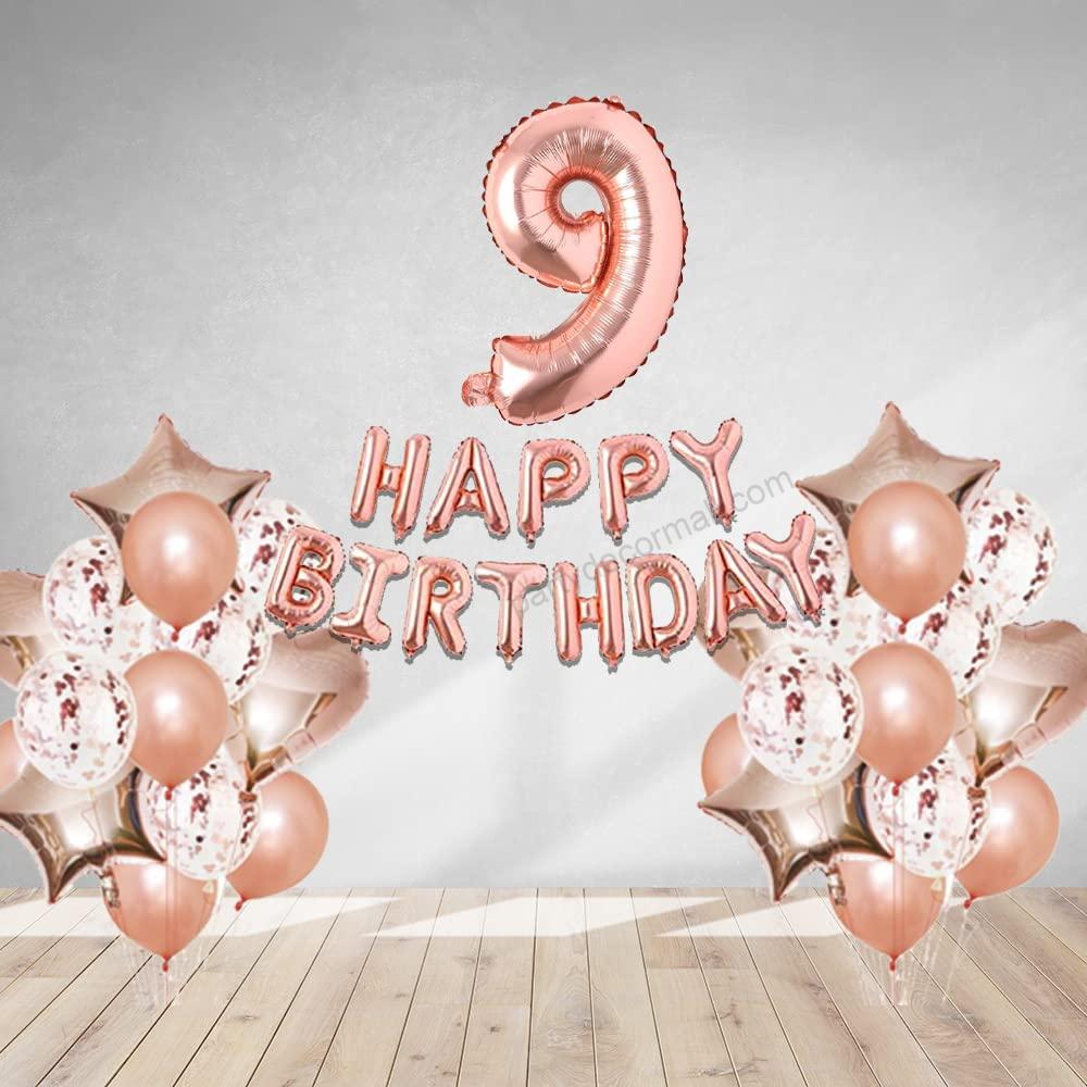 Rosegold Birthday Decor Metallic Balloon, Confetti, Star Foil Balloon, Heart Foil Balloon, Foil Happy Birthday & foil Number (9)