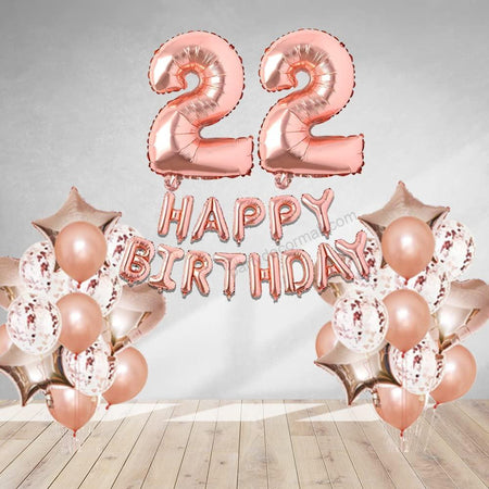 Rosegold Birthday Decor Metallic Balloon, Confetti, Star Foil Balloon, Heart Foil Balloon, Foil Happy Birthday & foil Number (22)