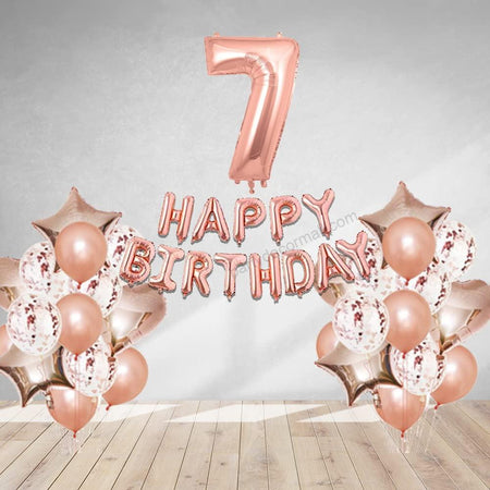Rosegold Birthday Decor Metallic Balloon, Confetti, Star Foil Balloon, Heart Foil Balloon, Foil Happy Birthday & foil Number (7)