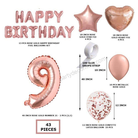 Rosegold Birthday Decor Metallic Balloon, Confetti, Star Foil Balloon, Heart Foil Balloon, Foil Happy Birthday & foil Number (9)