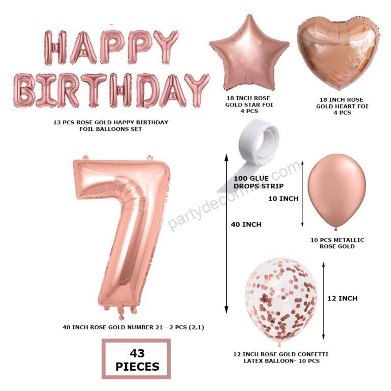 Rosegold Birthday Decor Metallic Balloon, Confetti, Star Foil Balloon, Heart Foil Balloon, Foil Happy Birthday & foil Number (7)