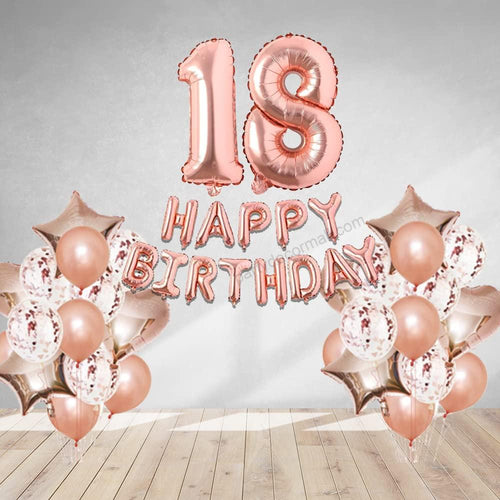 Load image into Gallery viewer, Rosegold Birthday Decor Metallic Balloon, Confetti, Star Foil Balloon, Heart Foil Balloon, Foil Happy Birthday &amp; foil Number (18)
