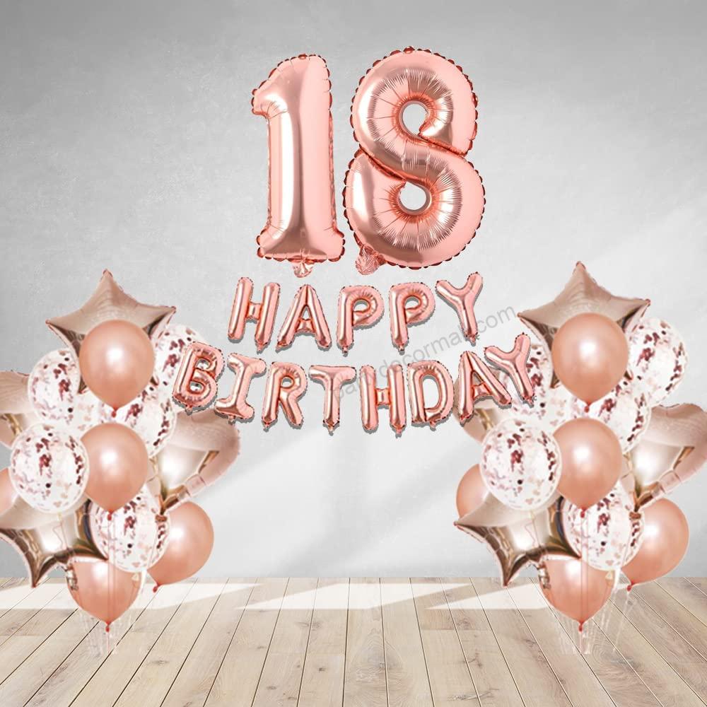 Rosegold Birthday Decor Metallic Balloon, Confetti, Star Foil Balloon, Heart Foil Balloon, Foil Happy Birthday & foil Number (18)