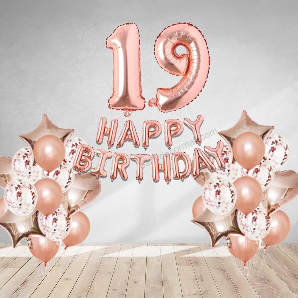 Rosegold Birthday Decor Metallic Balloon, Confetti, Star Foil Balloon, Heart Foil Balloon, Foil Happy Birthday & foil Number (19)