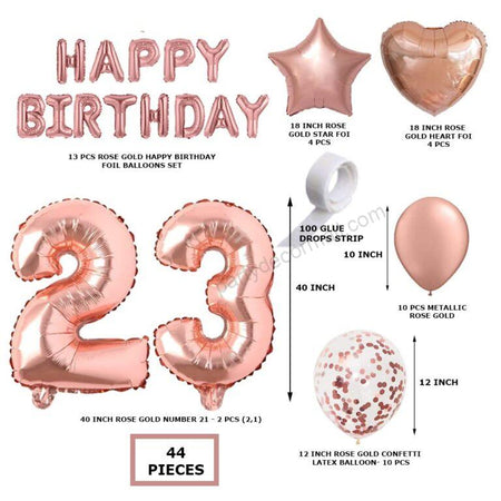 Rosegold Birthday Decor Metallic Balloon, Confetti, Star Foil Balloon, Heart Foil Balloon, Foil Happy Birthday & foil Number (23)