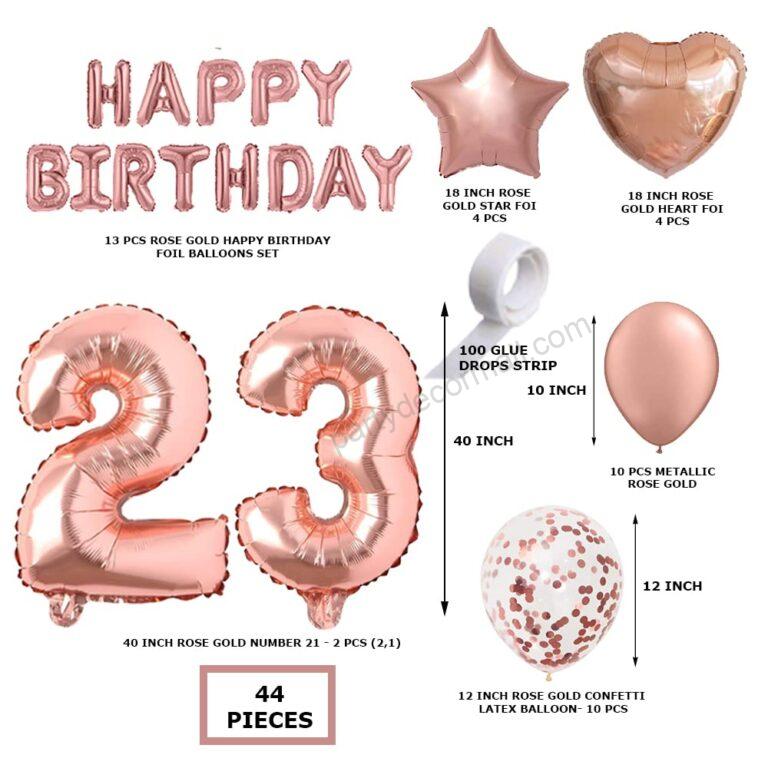 Rosegold Birthday Decor Metallic Balloon, Confetti, Star Foil Balloon, Heart Foil Balloon, Foil Happy Birthday & foil Number (23)