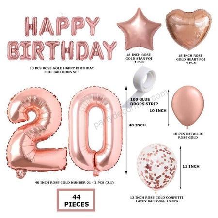 Rosegold Birthday Decor Metallic Balloon, Confetti, Star Foil Balloon, Heart Foil Balloon, Foil Happy Birthday & foil Number (20)
