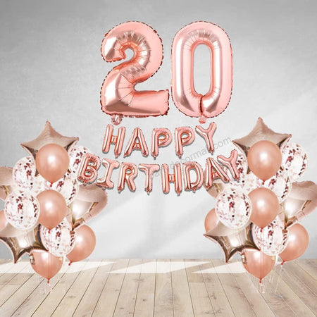 Rosegold Birthday Decor Metallic Balloon, Confetti, Star Foil Balloon, Heart Foil Balloon, Foil Happy Birthday & foil Number (20)