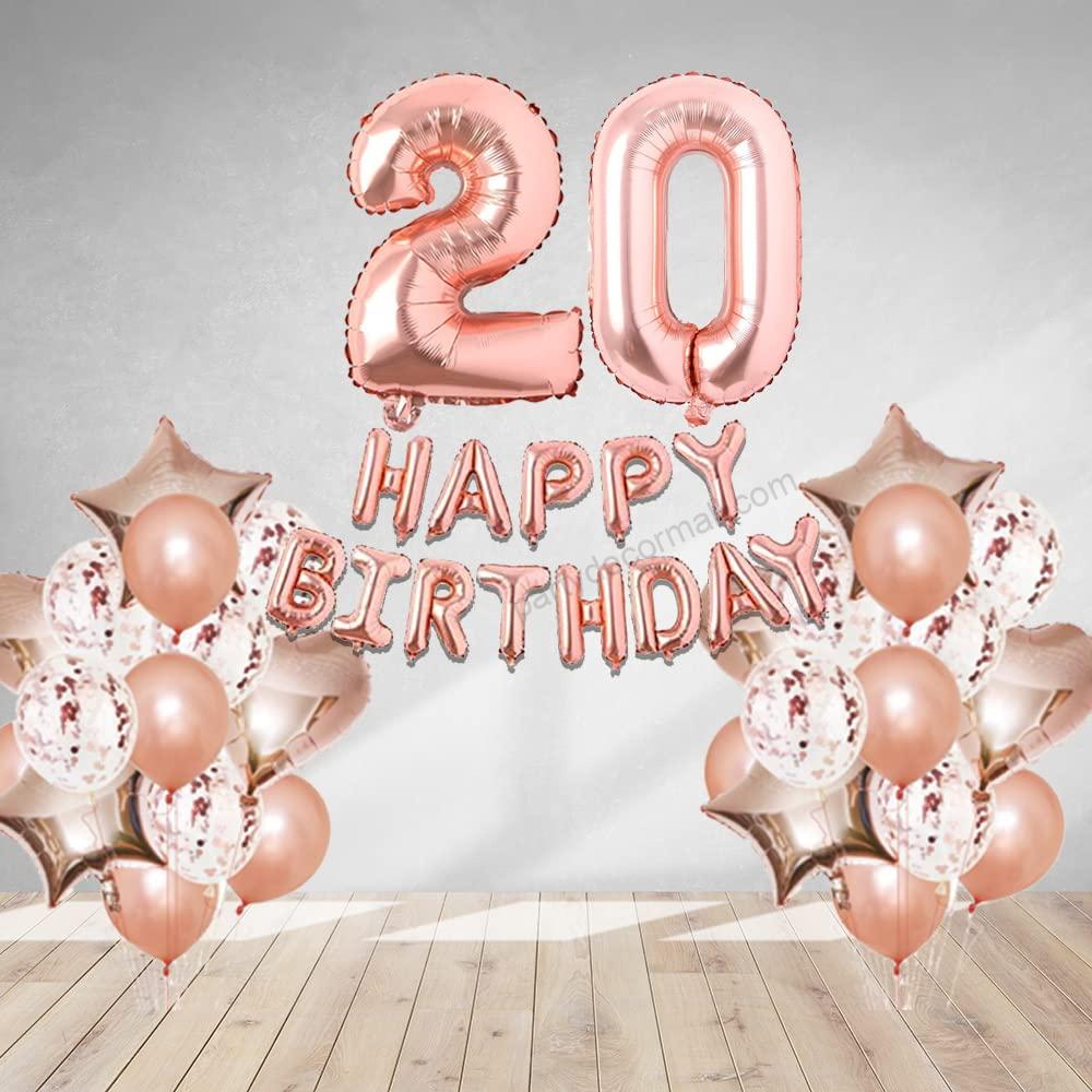Rosegold Birthday Decor Metallic Balloon, Confetti, Star Foil Balloon, Heart Foil Balloon, Foil Happy Birthday & foil Number (20)