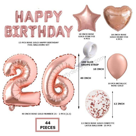 Rosegold  Birthday Decor DIY Kit includes; Metallic Balloon, Confetti, Star Foil Balloon, Heart Foil Balloon, Happy Birthday & foil Number(26)