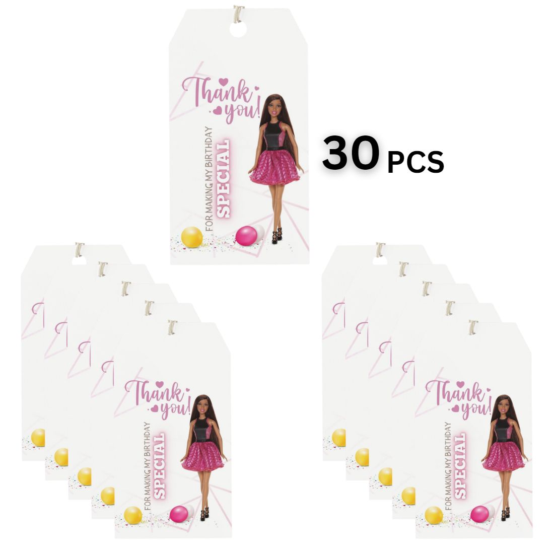 Barbie Black Theme Birthday Favour Tags (2 x 3.5 inches/250 GSM Cardstock/Pink, Black, and White/30Pcs)