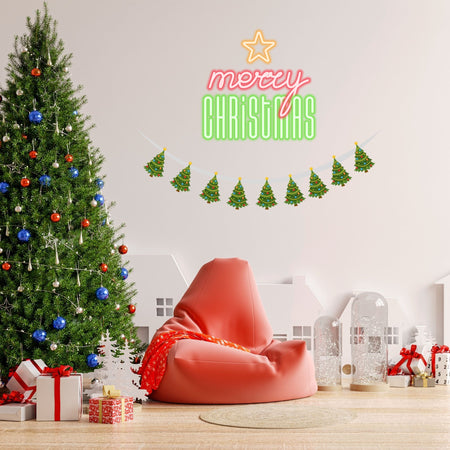 Merry Christmas Tree Banner/Bunting (6 Inches per card/250 GSM Cardstock/Multicolour/10)