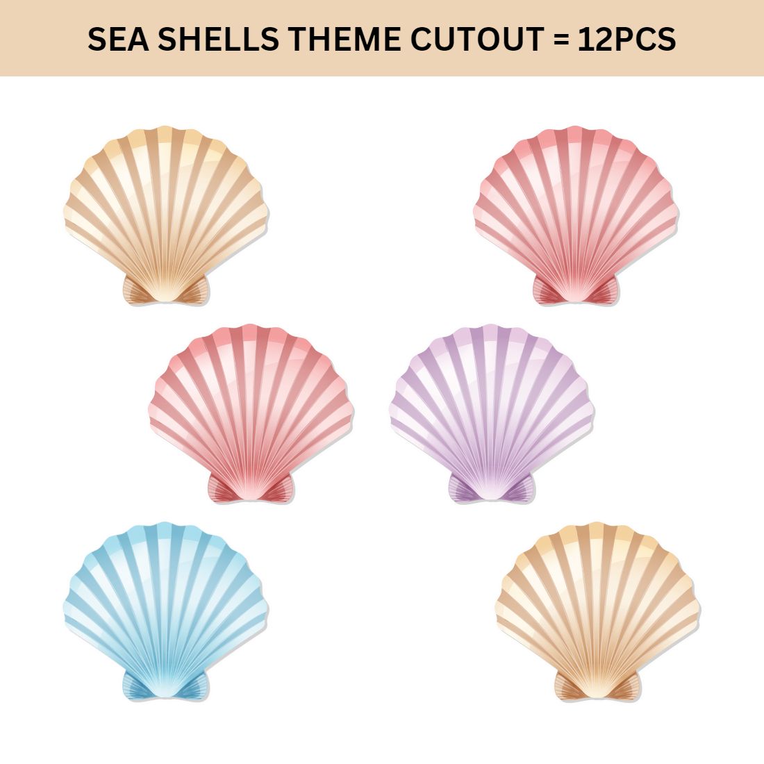 Sea Shells Theme Cutout (6 inches/250 GSM Cardstock/Pink, Purple, Brown, & Light Blue/12Pcs)