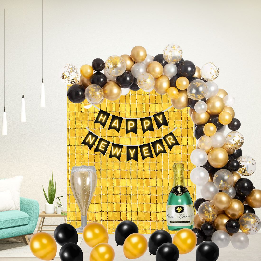 Happy New Year Black &amp; Gold Decoration with Bottle Glass Foil Balloon (87 pieces )