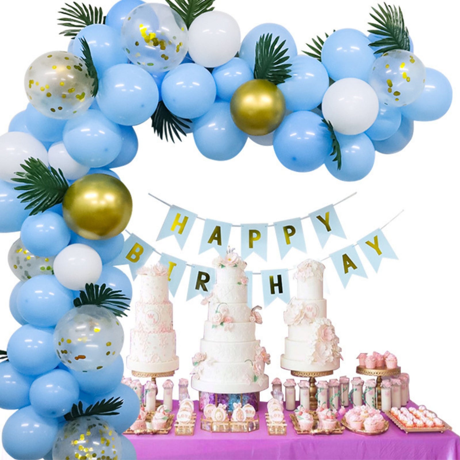 53PCS - Blue, Golden & White Balloon Birthday Decor Kit for Girls.