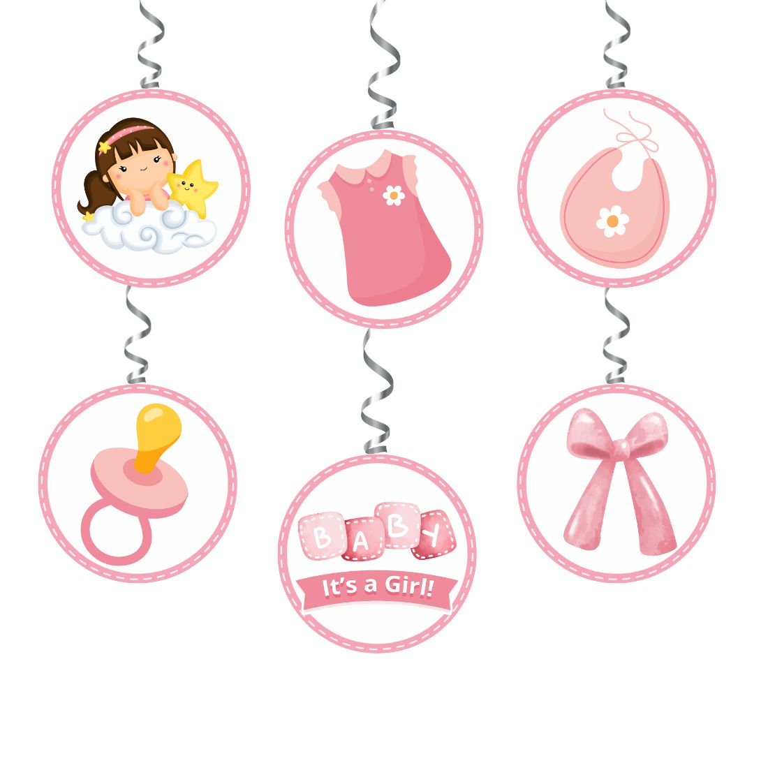 Baby Girl Welcome Danglers - (6 inches/250 GSM Cardstock/Mixcolour/6Pcs)