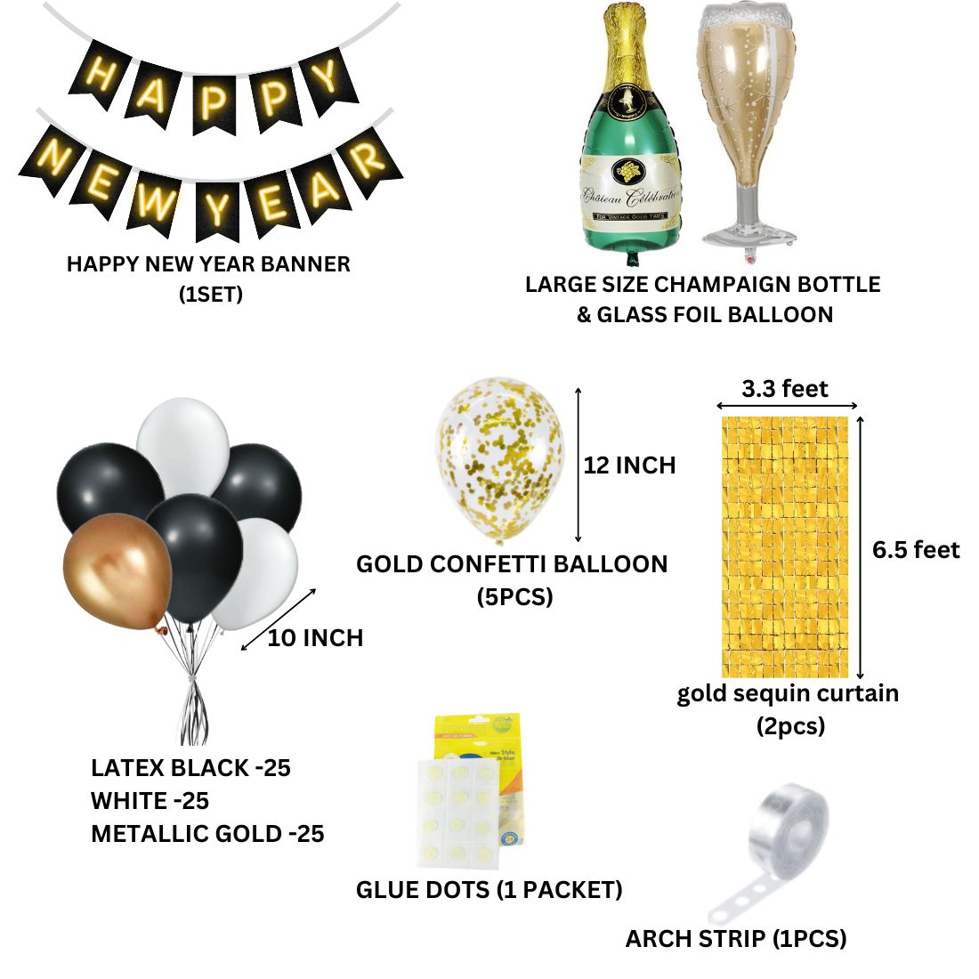 Happy New Year Black &amp; Gold Decoration with Bottle Glass Foil Balloon (87 pieces )