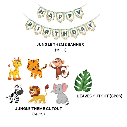 Load image into Gallery viewer, Jungle Theme Birthday Party Decorations - Banner &amp; Cutouts (6 inches/250 GSM Cardstock/Mixcolour/25Pcs)
