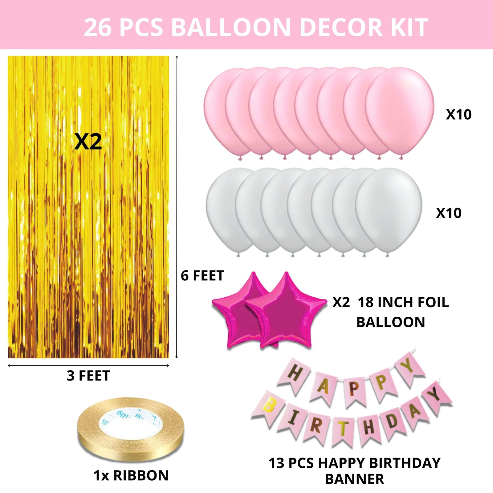 26PCS Happy Birthday Pink & White Balloon Decor Kit