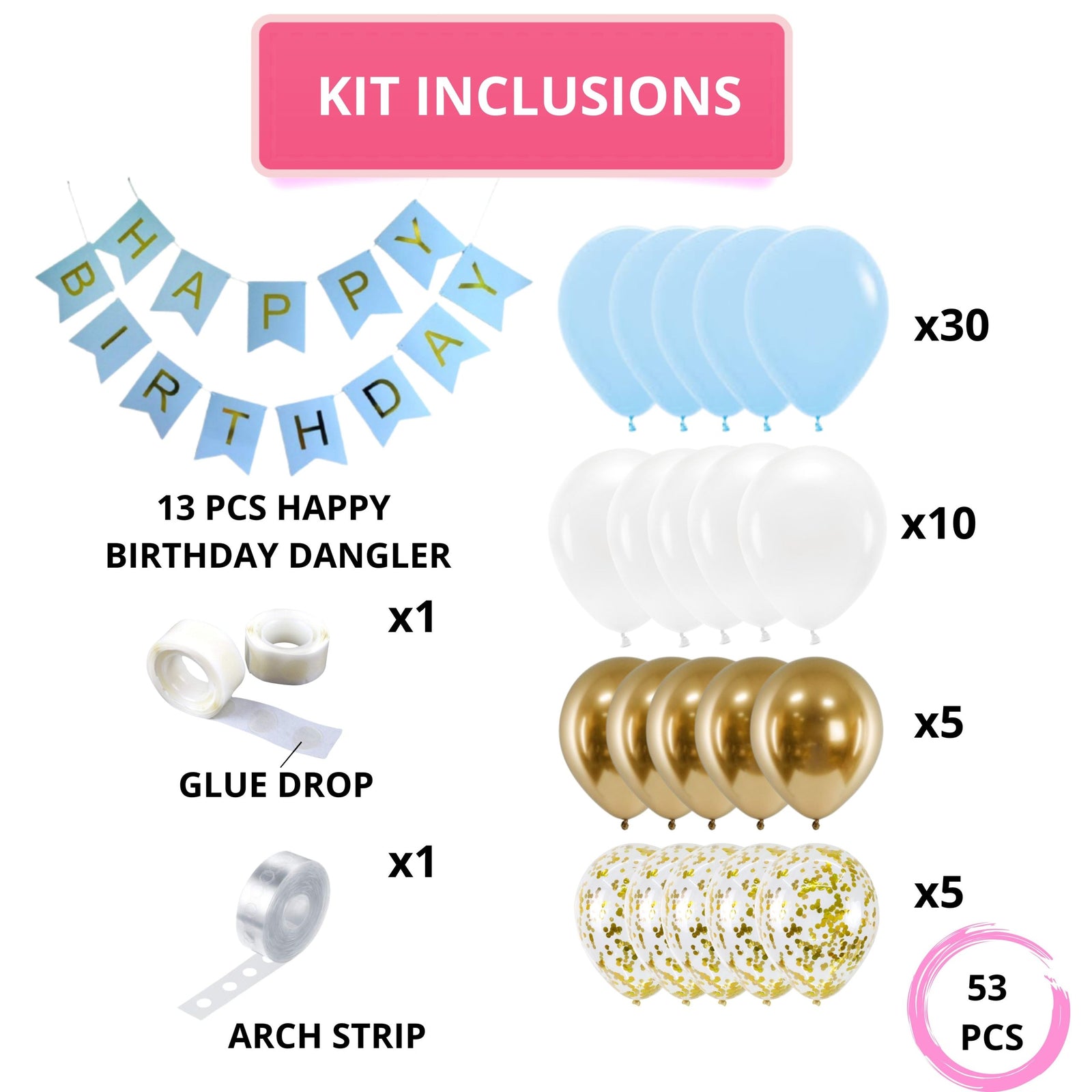 53PCS - Blue, Golden & White Balloon Birthday Decor Kit for Girls.