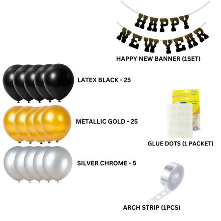 Happy New Year Decoration Kits- (10 Inches/Latex/Black, Metallic Gold, Silver Chrome/69 Pcs)