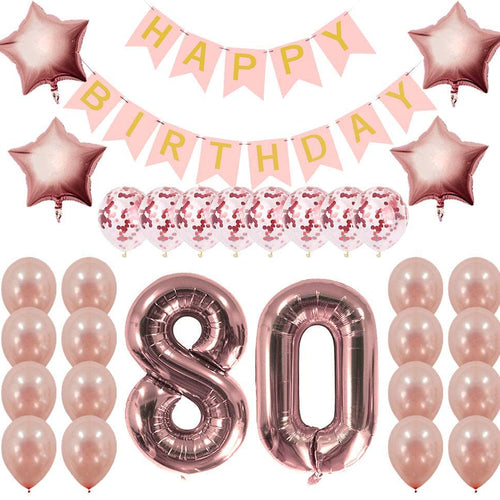 Load image into Gallery viewer, Rose Gold 80Th Birthday Decorations Party Supplies Gifts For Women - Happy Birthday Banner, 80 Number And Confetti Balloons
