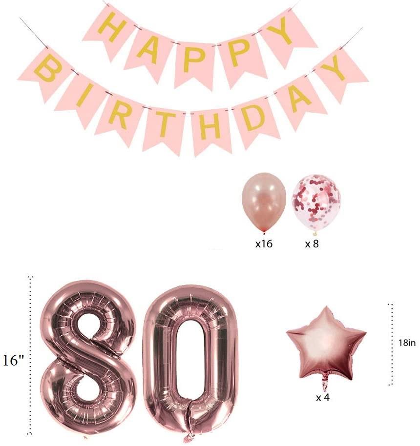 Rose Gold 80Th Birthday Decorations Party Supplies Gifts For Women - Happy Birthday Banner, 80 Number And Confetti Balloons