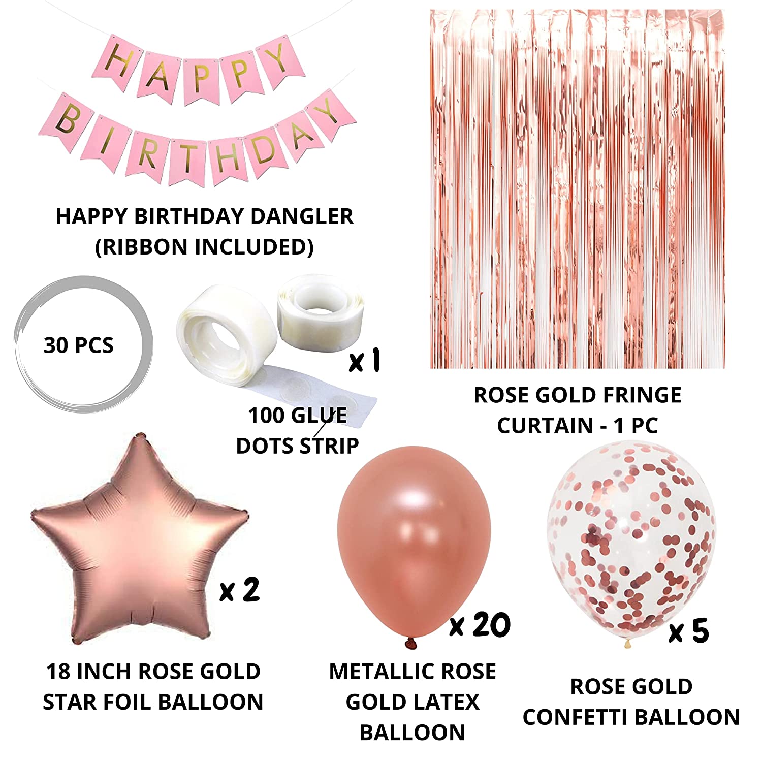 RoseGold Metallic Balloon, RoseGold Confetti, RoseGold Star Foil Balloon, RoseGold Fringe Foil curtain & Pink Happy Birthday Banner(30 Pcs)