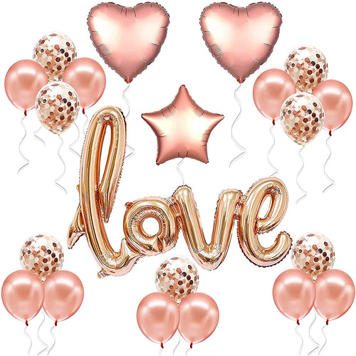 Load image into Gallery viewer, Love Shape Letter Foil Balloon with Rose Gold Confetti and Rose Gold Metallic Balloons for Birthday Wedding Valentine’s Day (21 piece)
