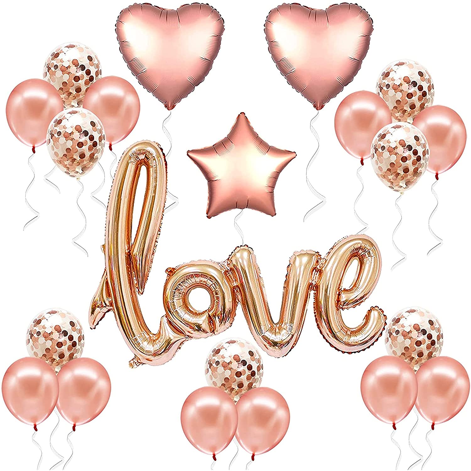 Love Shape Letter Foil Balloon with Rose Gold Confetti and Rose Gold Metallic Balloons for Birthday Wedding Valentine’s Day (21 piece)