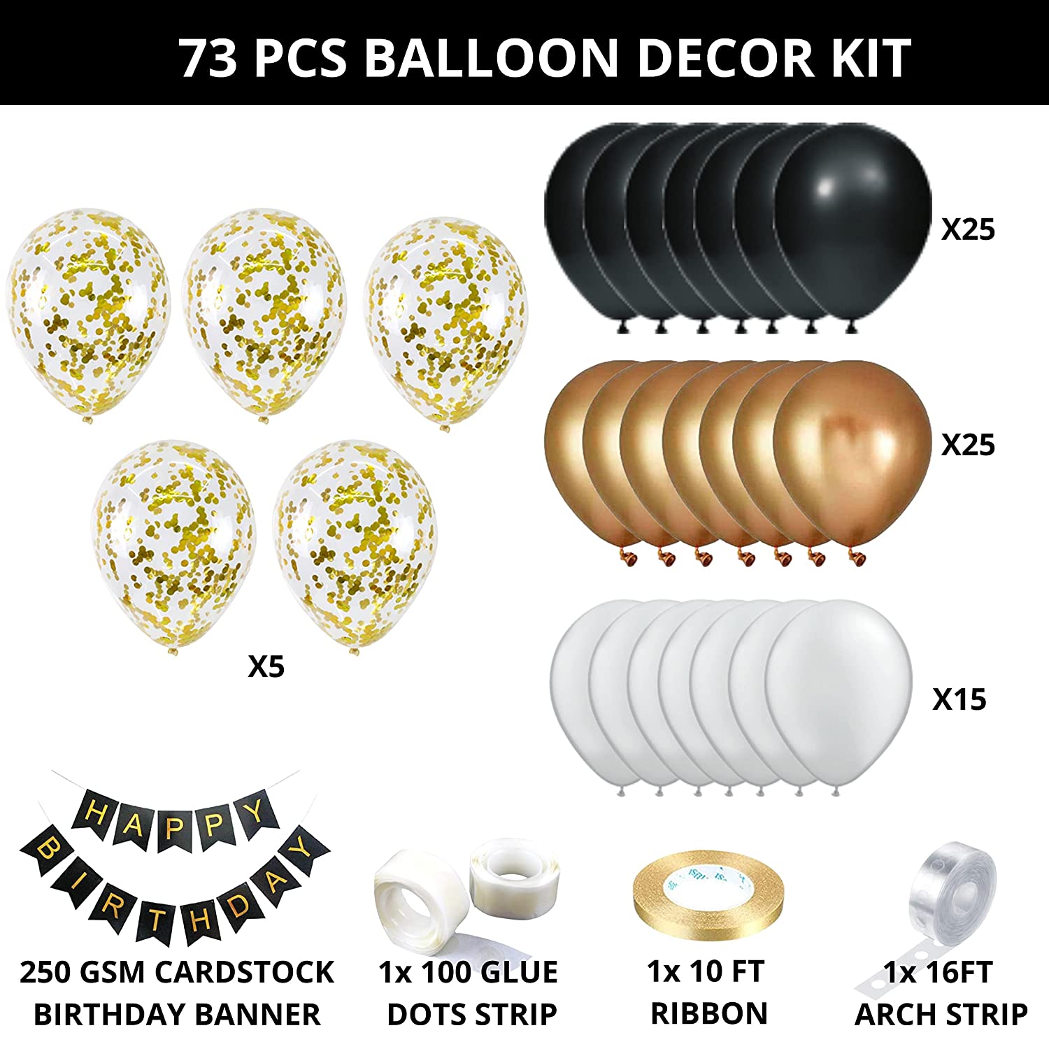 73 Pcs – DIY Happy Birthday Kit – Golden, white, Black & confetti Balloons – Black Happy Birthday Banner