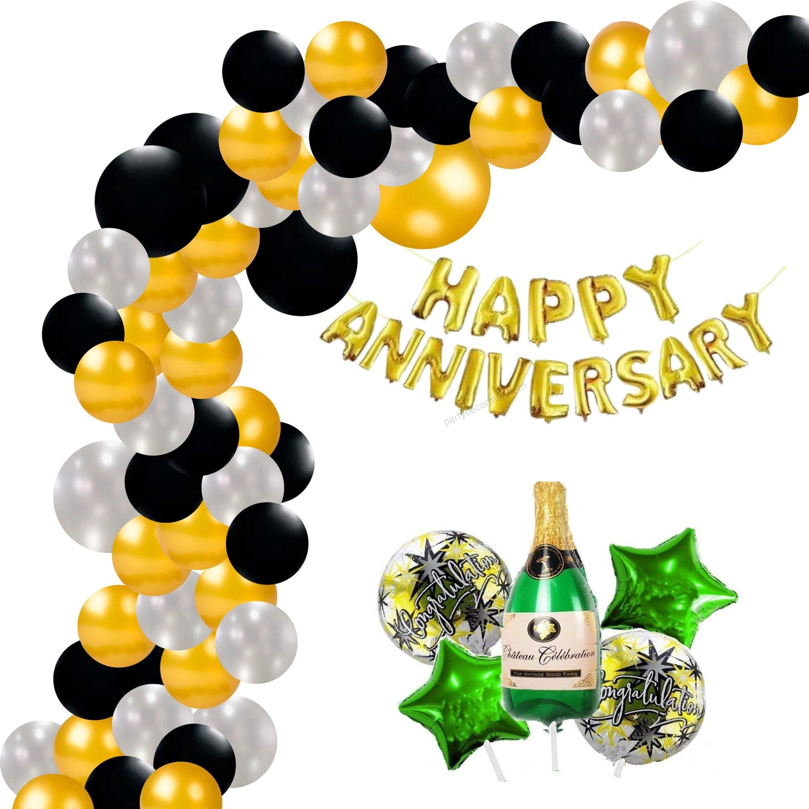 Happy Anniversary Decoration  - Congratulations Green Bottle / Gold/Black Balloons - (81 Pcs)