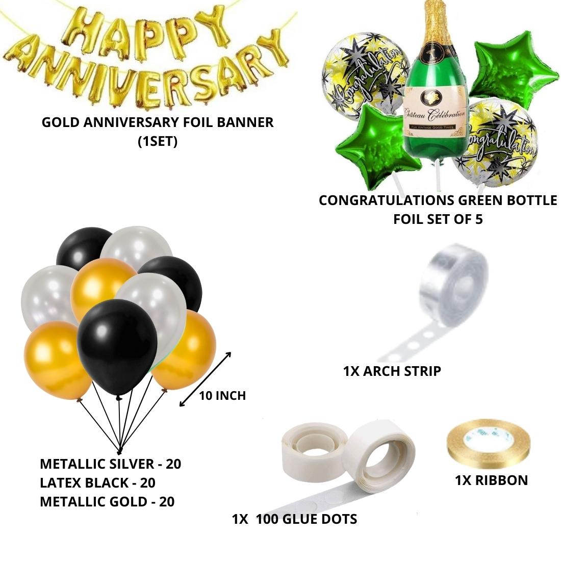 Happy Anniversary Decoration  - Congratulations Green Bottle / Gold/Black Balloons - (81 Pcs)