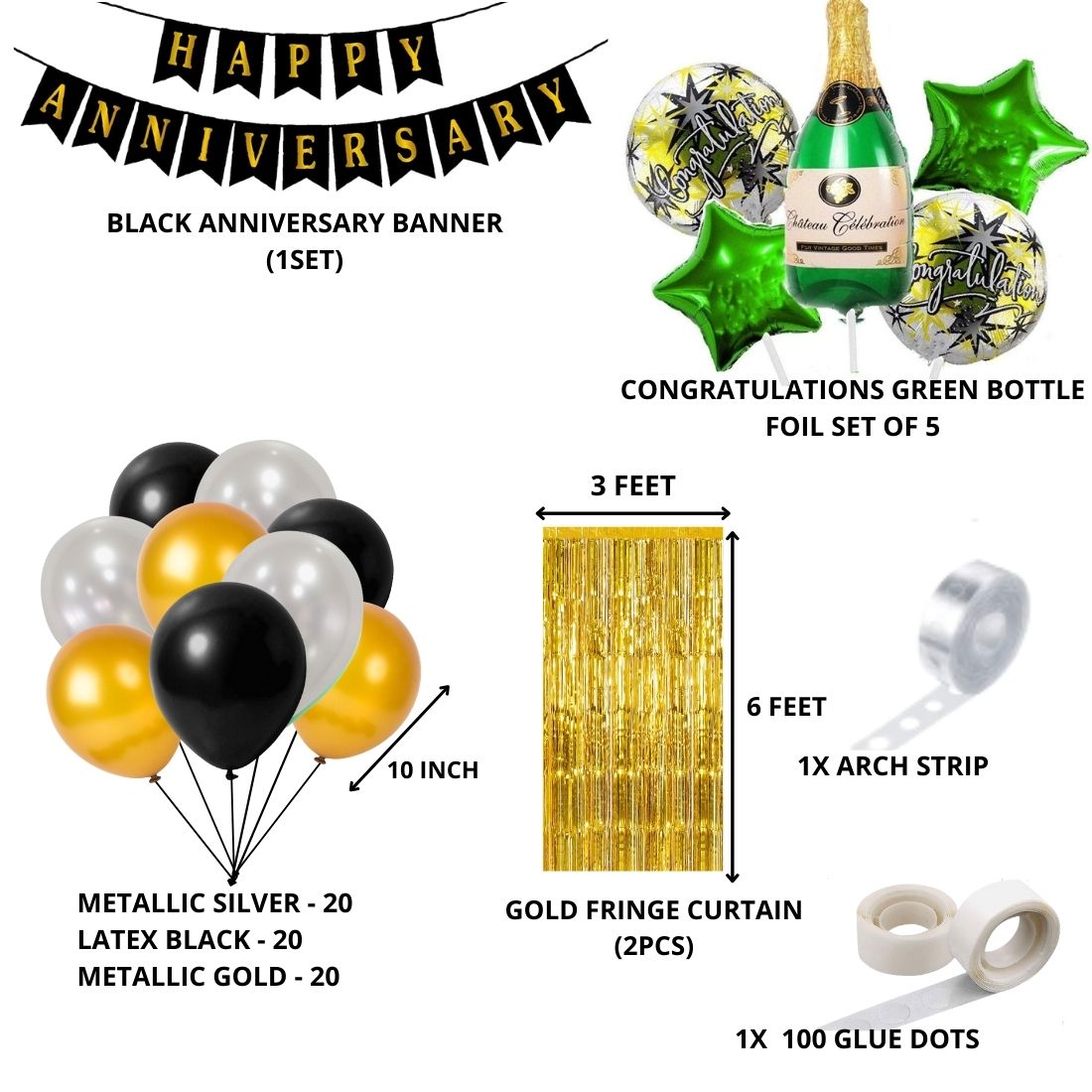 Happy Anniversary Decoration  - Congratulations Green Bottle / Gold/Black Balloons - (71 Pcs)