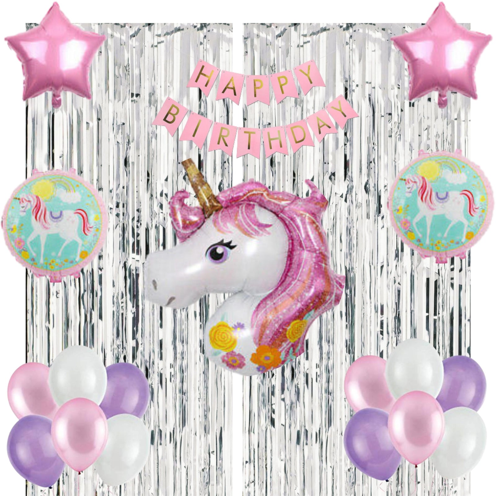 A Perfect Unicorn Theme Decoration for Birthday, includes:-  BIG Unicorn Foil Balloon, Unicorn Banner, Pink/White/Purple Balloons Silver Curtains