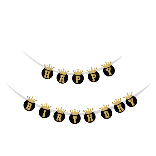Load image into Gallery viewer, Crown theme Happy Birthday Banner (6 inches/250 GSM Cardstock/Black ,Gold/13Pcs)
