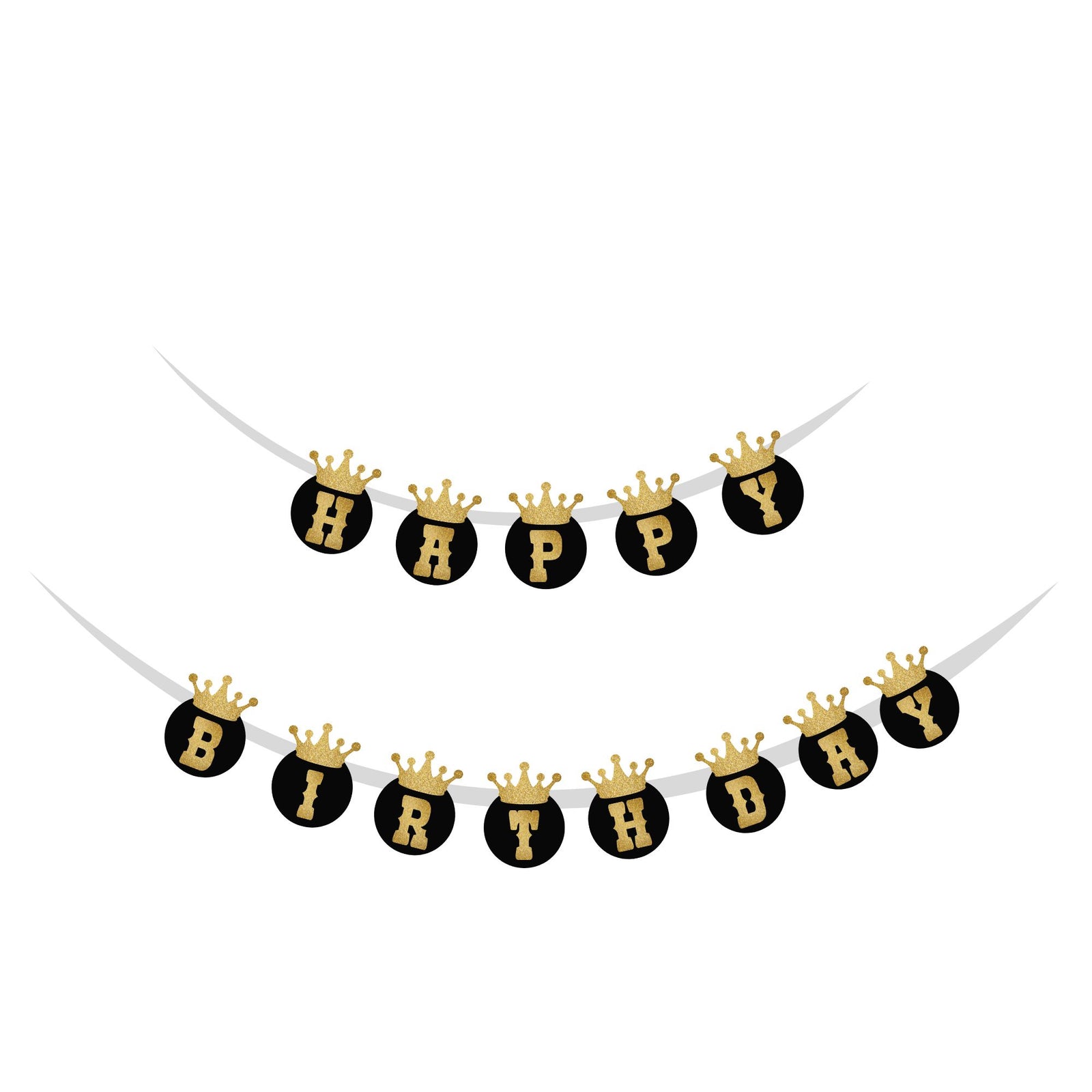 Crown theme Happy Birthday Banner (6 inches/250 GSM Cardstock/Black ,Gold/13Pcs)