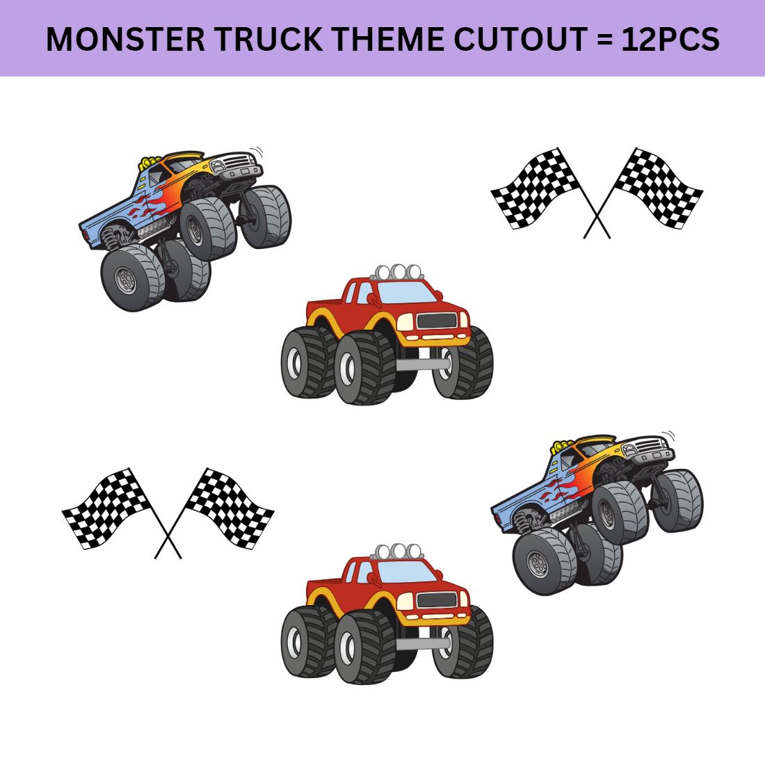 Monster Truck Theme Cutout - (6 inches/250 GSM Cardstock/Mixcolour/12Pcs)