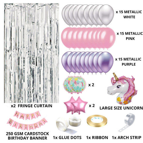 Load image into Gallery viewer, A Perfect Unicorn Theme Decoration for Birthday, includes:-  BIG Unicorn Foil Balloon, Unicorn Banner, Pink/White/Purple Balloons Silver Curtains
