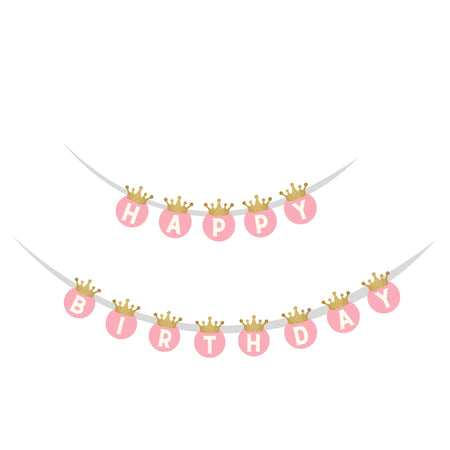 Pink Crown theme Happy Birthday Banner (6 inches/250 GSM Cardstock/Pink ,Gold, White/13Pcs)