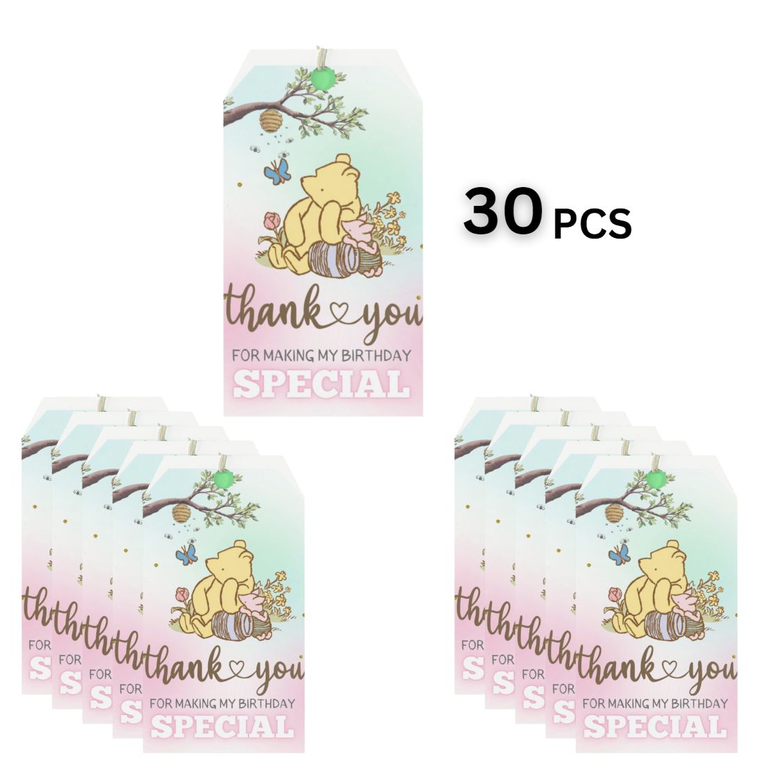 Winnie The Pooh Theme Model 2 Birthday Favour Tags (2 x 3.5 inches/250 GSM Cardstock/Green, Brown, Light blue, White & Pink/30Pcs)