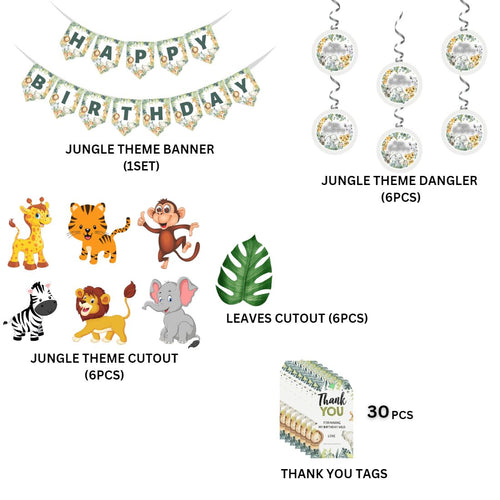Load image into Gallery viewer, Jungle Theme Birthday Party Decorations - Banner, Cutouts, Favor Tags, Danglers (6 inches/250 GSM Cardstock/Mixcolour/61Pcs)
