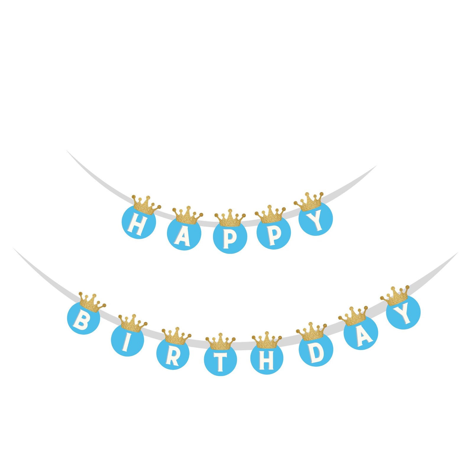 Blue Crown theme Happy Birthday Banner (6 inches/250 GSM Cardstock/Blue, Gold, White/13Pcs)