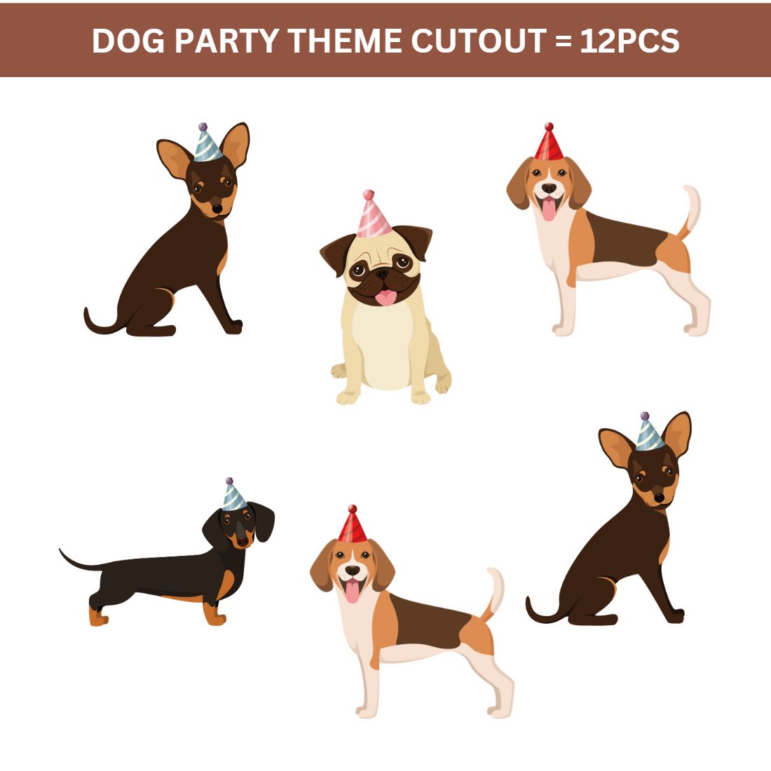 Dog Party Theme Cutout - (6 inches/250 GSM Cardstock/Black and Brown/12Pcs)
