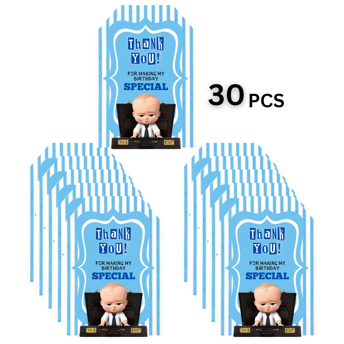 Boss Baby Boy Theme Birthday Favour Tags (2 x 3.5 inches/250 GSM Cardstock/Blue White & Black/30Pcs)